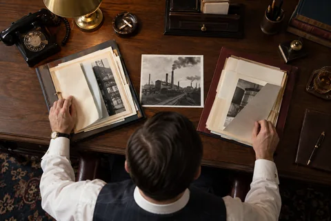 An overhead view shows a man comparing factory photographs in two open document folders.