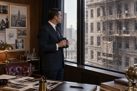 A suited man holds binoculars beside an office window overlooking workers on scaffolding.