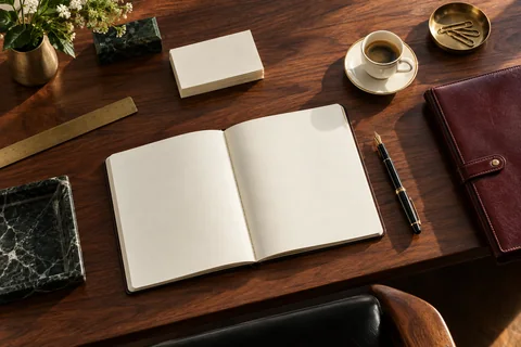 An open notebook, fountain pen, index cards, and coffee arranged on a walnut desk.