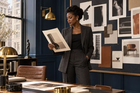 A woman reviews a printed design beside a presentation board in a navy-paneled studio.