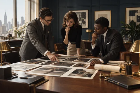 Three colleagues review campaign photographs around a walnut table in a navy-paneled office.