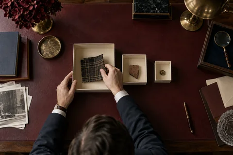 Hands arrange material samples in three progressively smaller cream boxes on a burgundy surface.