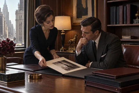 A woman shows a seated man an open portfolio at a library table.