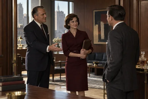 A senior man introduces a woman holding a folio to another man at an open doorway.