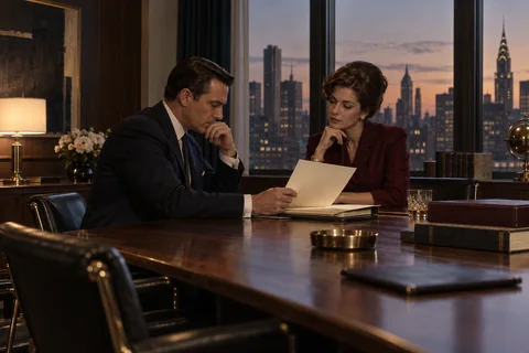 A man and woman review a cream document at a long walnut table at dusk.