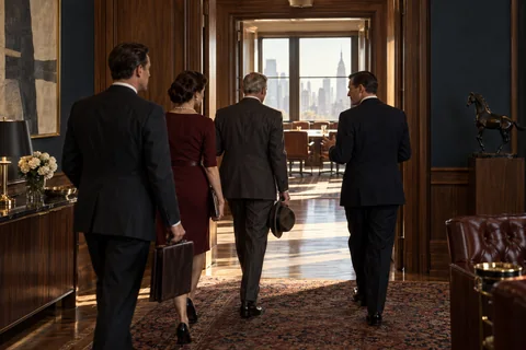 Four people walk through open walnut doorways toward a sunlit conference room.