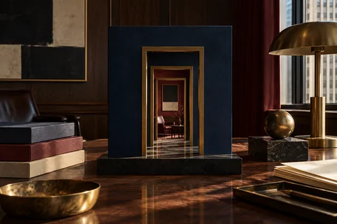 Brass-framed doorways recede through a navy architectural model toward a miniature burgundy room.