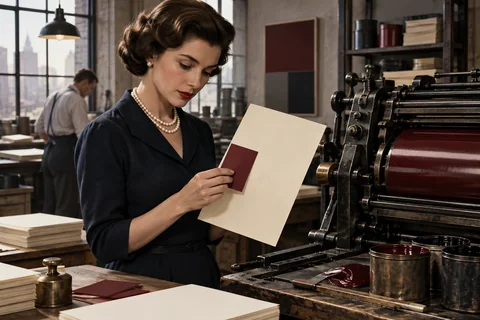 A woman checks a burgundy color swatch against cream paper beside a printing press.