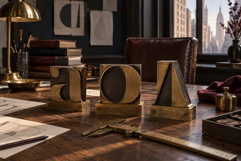 Three brass letterform specimens stand beside a measuring caliper on a walnut workbench.