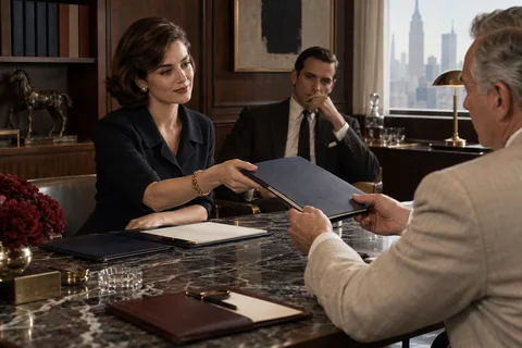 A woman passes a navy proposal folder to a client across a marble conference table.