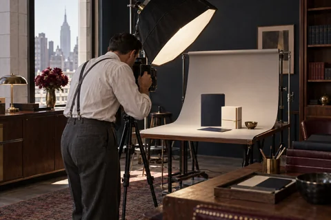A photographer photographs navy and cream materials on a studio backdrop.