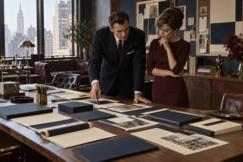Two designers review coordinated navy and cream printed materials spread across a long table.