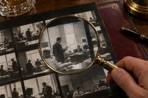 A hand holds a brass magnifying glass over a contact sheet of monochrome office photographs.