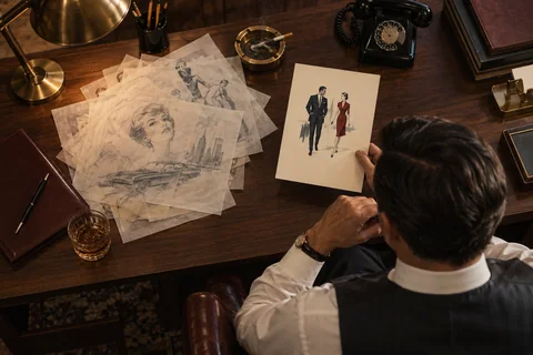 An overhead view shows a man examining an illustration beside a stack of translucent sketches.