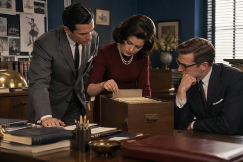 Three colleagues inspect cards in an open wooden index-card box.