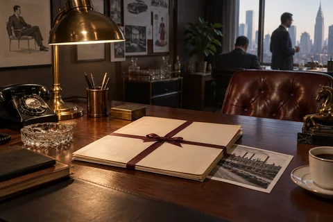 A ribbon-tied packet of cream papers rests beside a monochrome factory photograph.