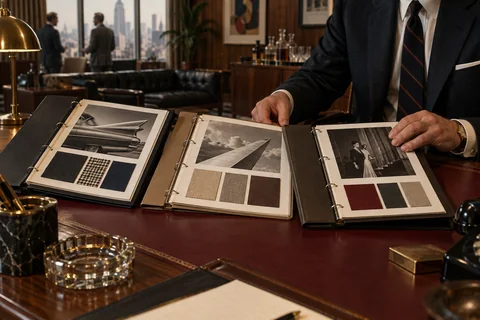Three open ring binders display photographs and fabric swatches on a burgundy desk pad.