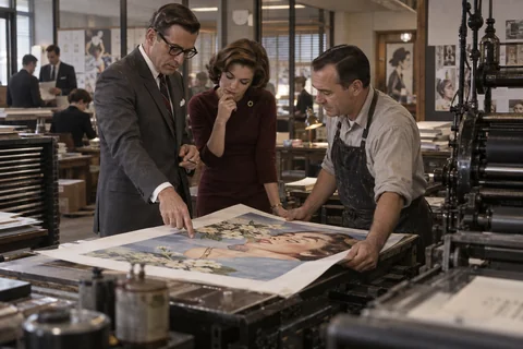 Two visitors and a print worker inspect a large illustrated proof beside printing equipment.