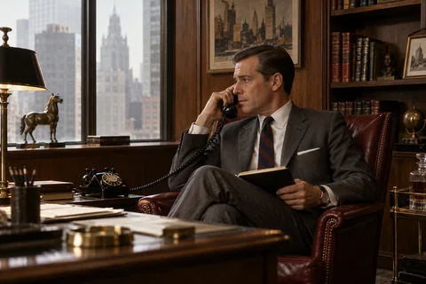 A suited man holds a telephone receiver and notebook while seated beside an office window.