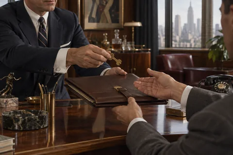 One man offers a brass key as another receives a leather portfolio across a desk.