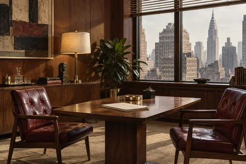 Two empty burgundy chairs face a walnut table with a cream portfolio and city view.