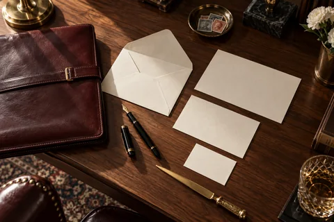 Cream envelopes, blank cards, a burgundy leather folio and writing tools rest on a sunlit walnut desk.