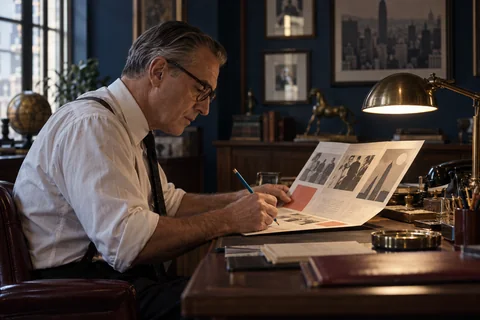 A copywriter marks a folded brochure with a blue pencil beneath a brass desk lamp.