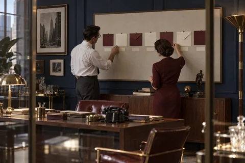 Two colleagues arrange cream and burgundy mail pieces on a large pinboard.