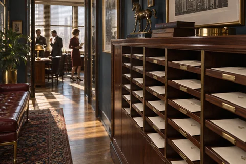 Cream envelopes fill a walnut pigeonhole cabinet in a sunlit agency corridor.