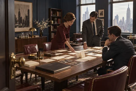 Three agency colleagues arrange correspondence materials on a walnut conference table beside tall Manhattan windows.