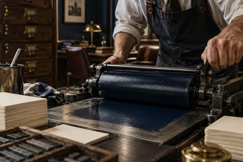 A printmaker guides a navy ink roller across a metal printing surface.