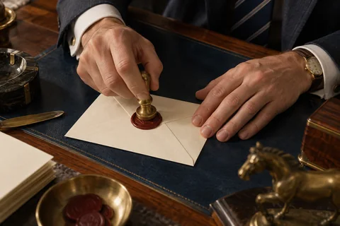 A suited worker presses a brass seal into burgundy wax on a cream envelope.