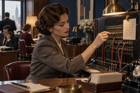 A woman checks a cable connection on a brass telephone switchboard.