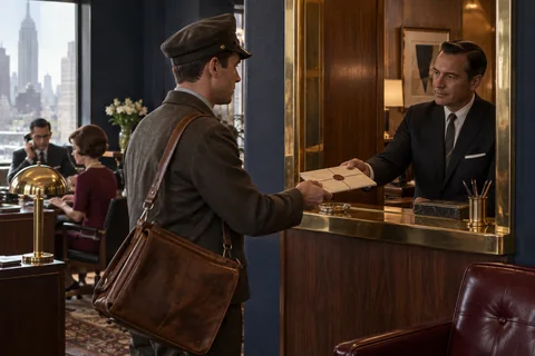 A courier receives a sealed packet through a brass-framed agency service hatch.