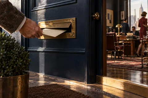 A hand guides an ivory envelope through a brass slot in a navy agency door.