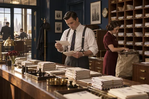 Two mailroom staff inspect envelopes and a canvas dispatch bag beside sorting shelves.