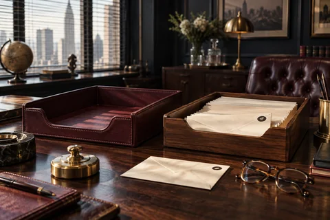 A walnut tray of cream envelopes sits beside an empty burgundy tray and inspection tools.