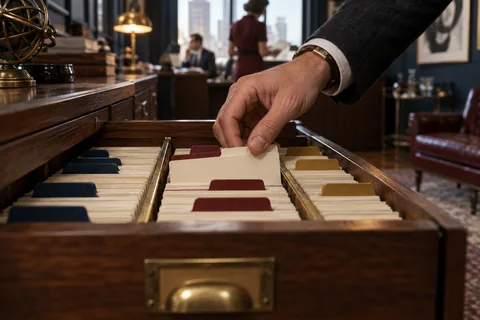 A hand selects a cream card from a walnut drawer with navy, burgundy and ochre dividers.