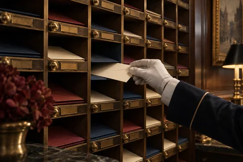 A gloved hand places a cream envelope among navy and burgundy envelopes in brass mail slots.