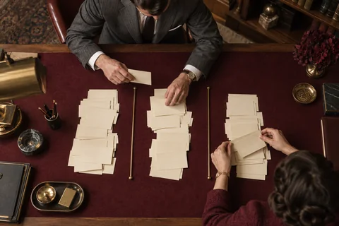 Two researchers sort cream correspondence cards into separate groups on a burgundy worktable.