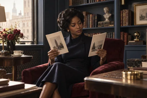 A woman compares two illustrated brochures while seated in a burgundy library armchair.