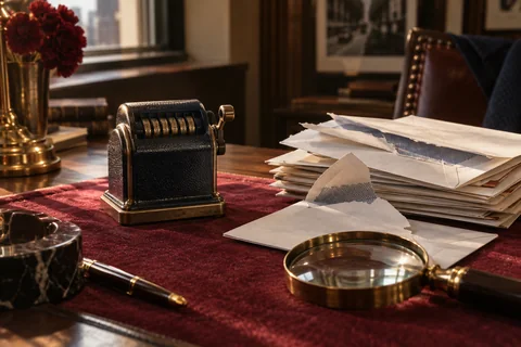 Opened envelopes, a mechanical counter and a brass magnifier sit on a burgundy desk mat.