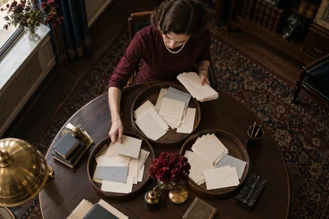 A woman sorts cream envelopes among three round wooden trays.