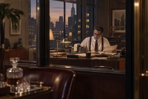 An analyst reviews paper ledgers beside a mechanical adding machine in an office at dusk.