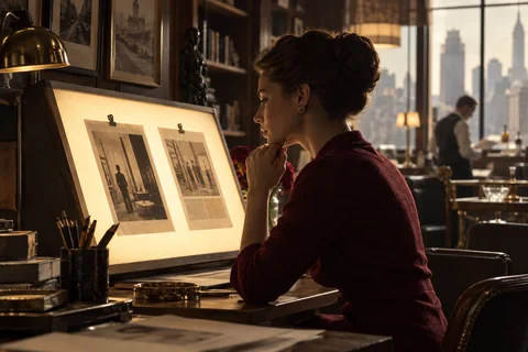 A woman studies two printed layouts clipped to an illuminated drafting board.