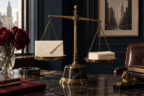 A cream envelope and a stack of blank cards rest on opposite pans of a brass balance.