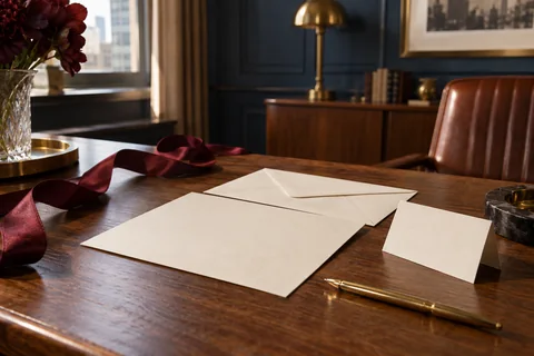 Cream stationery, an envelope and a folded place card lie beside a brass pen and burgundy ribbon.