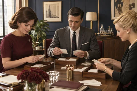 Three colleagues sort cream cards into wooden trays around a walnut table.