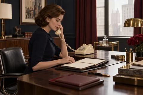 A woman uses a cream rotary telephone beside an open folio on a walnut desk.