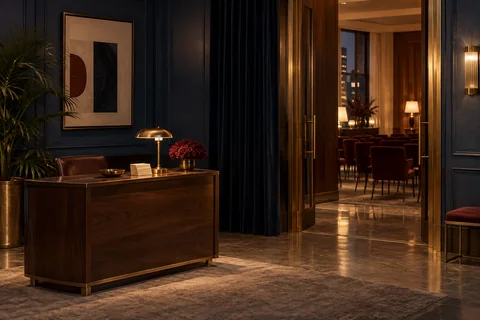A walnut reception desk and stack of cards stand beside an open doorway into a room of burgundy chairs.